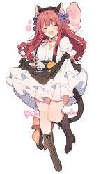Rule 34 | 1girl, :d, alternate costume, animal ears, anna (ikeuchi tanuma), apron, black apron, black gloves, blush, boots, bow, bowtie, brown footwear, cat ears, cat tail, dress, enmaided, closed eyes, facing viewer, full body, gloves, hair bow, highres, ikeuchi tanuma, long hair, maid, open mouth, orange bow, orange bowtie, original, puffy short sleeves, puffy sleeves, purple bow, red hair, short sleeves, simple background, smile, solo, standing, standing on one leg, tail, tail bow, tail ornament, white background, white dress