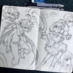 Rule 34 | 1boy, 1other, 2girls, ahoge, art tools in frame, barefoot, blush, closed mouth, demon boy, english text, eraser, frilled skirt, frills, frown, glasses, grin, hair between eyes, hatching (texture), highres, holding, holding staff, horns, long hair, multiple girls, navel, one eye closed, open mouth, original, pants, pants rolled up, pencil, photo (medium), pikat, pointy ears, ponytail, round teeth, scarf, sharp teeth, sketch, sketchbook, skirt, smile, socks, sparkle, speech bubble, staff, teeth, topless male, traditional media, wings