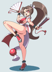 Rule 34 | 1girl, ass, bare shoulders, breasts, brown hair, cleavage, fatal fury, hand fan, highres, kevin arthur, large breasts, long hair, one eye closed, pelvic curtain, ponytail, shiranui mai, sleeveless, snk, standing, standing on one leg, the king of fighters, thong, very long hair, wink