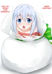 Rule 34 | 1girl, blue eyes, blue hair, blush, christmas, flat chest, flying sweatdrops, gochuumon wa usagi desu ka?, hair ornament, hard-translated, highres, in container, kafuu chino, long hair, looking at viewer, matching hair/eyes, naked ribbon, nipples, open mouth, ribbon, sack, simple background, solo, third-party edit, translated, vahn yourdoom, white background, x hair ornament