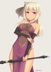 Rule 34 | 1girl, bare shoulders, blonde hair, blunt bangs, blush, breasts, bridal gauntlets, closed mouth, commentary, cowboy shot, crown, dress, fingernails, grey background, hair ornament, holding, holding staff, long hair, looking at viewer, medium breasts, nail polish, navel, original, pelvic curtain, pink eyes, purple dress, purple nails, sasaame, side slit, simple background, solo, staff, standing, symbol-only commentary, twitter username