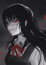 Rule 34 | 1girl, afrotunaart, blood, blood on face, chainsaw man, eyelashes, facial scar, greyscale, hair between eyes, highres, long eyelashes, long hair, looking at viewer, monochrome, parted lips, red eyes, red ribbon, ribbon, scar, scar on cheek, scar on face, scar on nose, smile, solo, spot color, teeth, upper body, yoru (chainsaw man)