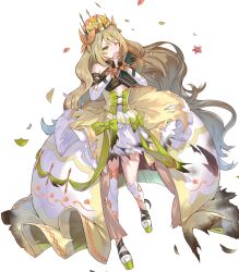 Rule 34 | 1girl, bare shoulders, blonde hair, celine (fire emblem), crown, dress, fire emblem, fire emblem engage, fire emblem heroes, flat chest, full body, green eyes, hanekoto, highres, jewelry, long hair, nintendo, non-web source, official art, overskirt, ribbon, short dress, sleeveless, sleeveless dress, solo, thighhighs, torn clothes, torn dress, transparent background, very long hair