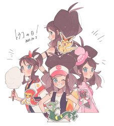 Rule 34 | 4girls, alternate color, alternate costume, black vest, blue eyes, brown hair, candy, cotton candy, creatures (company), dated, diancie, dress, eating, food, game freak, gen 5 pokemon, gen 6 pokemon, gen 8 pokemon, grapploct, grin, hat, high ponytail, highres, hilda (pokemon), hilda (special costume) (pokemon), hilda (summer 2022) (pokemon), hilda (sygna suit) (pokemon), hime (himetya105), holding, holding candy, holding food, japanese clothes, legendary pokemon, long hair, looking at viewer, multiple girls, multiple persona, mythical pokemon, nintendo, official alternate costume, official alternate hairstyle, one eye closed, pink dress, pokemon, pokemon (creature), pokemon bw, pokemon masters ex, ponytail, serperior, shiny pokemon, shirt, sleeveless, sleeveless shirt, smile, very long hair, vest, victini, white background, white shirt, wink
