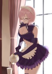 Rule 34 | 1girl, absurdres, alternate costume, apron, artist request, backlighting, bare shoulders, black-framed eyewear, blush, breasts, cleavage, cleavage cutout, closed mouth, clothing cutout, cup, curtains, dress, elbow gloves, enmaided, closed eyes, fate/grand order, fate (series), frills, glasses, gloves, hair over one eye, highres, large breasts, light purple hair, maid, maid headdress, mash kyrielight, pouring, purple dress, purple gloves, short hair, smile, solo, teacup, teapot, waist apron, window