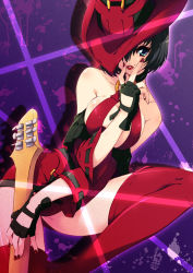 Rule 34 | 1girl, aki, arc system works, bare shoulders, black hair, blue eyes, boots, breasts, breasts squeezed together, dress, fingerless gloves, gloves, guilty gear, guitar, hat, i-no, instrument, lipstick, makeup, mole, nail polish, pandaki (aki), red dress, red hat, red nails, red skirt, short hair, skirt, solo, thigh boots, thighhighs, witch hat