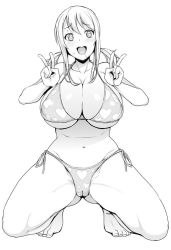 Rule 34 | 1girl, barefoot, bikini, blush, breasts, cleavage, cleft of venus, curvy, fairy tail, female focus, full body, gluteal fold, greyscale, happy, heart, heart print, huge breasts, large areolae, long hair, looking at viewer, lucy heartfilia, monochrome, naughty face, navel, nipples, open mouth, print bikini, saliva, short twintails, simple background, smile, solo, spread legs, string bikini, sweat, swimsuit, tamagoroo, thighs, thong, thong bikini, twintails, v, white background