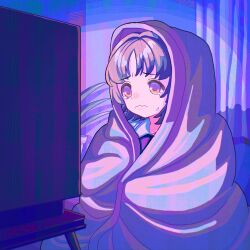 Rule 34 | 1girl, blanket, brown eyes, brown hair, closed mouth, crying, crying with eyes open, highres, indoors, kagenoyuhi, original, sitting, solo, tears, television, watching television, wavy mouth