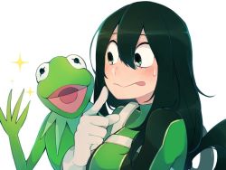 Rule 34 | 1girl, asui tsuyu, bad id, bad twitter id, black eyes, black hair, blush, bodysuit, boku no hero academia, breasts, clothed female nude male, crossover, frog, gloves, hair between eyes, hair rings, happukiri, kermit the frog, long hair, muppets, nude, open mouth, simple background, sparkle, star (symbol), sweatdrop, tagme, tongue, tongue out, trait connection, white background, white gloves