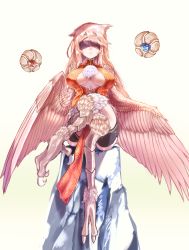 Rule 34 | 1girl, animal ears, blindfold, breasts, commentary request, feathered wings, feathers, harpy, highres, kawasumi (tk2k jade), large breasts, crossed legs, long hair, monster girl, original, pink feathers, pink hair, sitting, solo, talons, winged arms, wings
