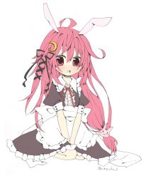 Rule 34 | 10s, 1girl, ahoge, alternate costume, animal ears, apron, bad id, bad twitter id, between legs, blush, collar, commentary request, crescent, crescent hair ornament, dress, enmaided, hair between eyes, hair ornament, hair ribbon, hand between legs, highres, kantai collection, kemonomimi mode, long hair, low-tied long hair, maid, pink eyes, pink hair, puffy short sleeves, puffy sleeves, rabbit ears, rabbit hair ornament, ribbon, short sleeves, solo, twitter username, umecha 0, uzuki (kancolle), waist apron