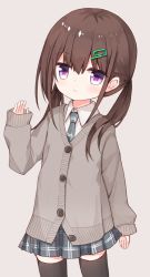 Rule 34 | 1girl, black thighhighs, blush, brown hair, cardigan, closed mouth, collared shirt, grey background, grey cardigan, grey neckwear, grey skirt, hair between eyes, hair ornament, hairclip, hand up, long hair, long sleeves, looking at viewer, original, pleated skirt, purple eyes, school uniform, shiho (yuuhagi (amaretto-no-natsu)), shirt, simple background, skirt, sleeves past wrists, solo, thighhighs, twintails, white shirt, yuuhagi (amaretto-no-natsu)