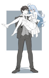 Rule 34 | 1boy, 1girl, ahoge, black hair, blue background, blue hair, blush, border, breasts, carrying, carrying person, couple, dot nose, dress, eye contact, formal, full body, hairband, hetero, highres, kise itsuki, large breasts, legs apart, limited palette, long hair, looking at another, medium breasts, nose blush, original, outside border, princess carry, profile, sketch, standing, stirrup legwear, suit, toeless legwear, tsurime, white border, yellow eyes