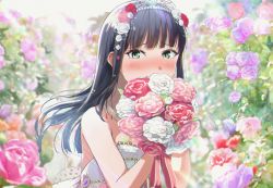 Rule 34 | 1girl, bare shoulders, black hair, blurry, blurry background, blurry foreground, blush, bouquet, closed mouth, commentary request, depth of field, dress, flower, green eyes, hair flower, hair ornament, holding, holding bouquet, kurosawa dia, long hair, love live!, love live! school idol festival, love live! sunshine!!, pink flower, pink rose, purple flower, purple rose, red flower, red rose, rose, shaka (staito0515), solo, strapless, strapless dress, tiara, very long hair, white dress, white flower, white rose