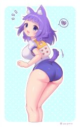 Rule 34 | 1girl, animal ears, artist name, ass, ass focus, backpack, bag, blue background, blue eyes, blush, breasts, buruma, cat ears, cat girl, cat tail, cleft of venus, clueless, dot nose, fang, feet out of frame, female focus, from behind, futoku no guild, highres, hitamu kyan, large breasts, legs together, looking at viewer, looking back, medium hair, open mouth, punipunim, purple hair, shirt, short sleeves, short tail, simple background, skin fang, solo, standing, surprised, tail, tongue, two-tone background, white background, white shirt