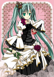 Rule 34 | 1girl, alternate costume, apple, black dress, blue eyes, blue hair, bow, closed mouth, commentary request, cowboy shot, crown, dress, flower, food, frilled dress, frilled sleeves, frills, fruit, hair between eyes, hatsune miku, holding, holding flower, long dress, long hair, looking at viewer, medium bangs, mini crown, morinaga hinase, pink background, red apple, red bow, smile, snow white, solo, standing, tulip, twintails, two-tone dress, very long hair, vocaloid, white dress, white flower, white tulip, wide sleeves