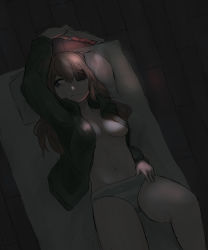 Rule 34 | 1girl, absurdres, bed, blue eyes, breasts, brown hair, cleavage, evangelion: 3.0+1.0 thrice upon a time, eyepatch, from above, frown, hair ornament, hairclip, handheld game console, highres, jacket, long hair, looking at viewer, lying, neon genesis evangelion, no bra, open clothes, open jacket, panties, pillow, rebuild of evangelion, solo, souryuu asuka langley, striped clothes, striped panties, underwear