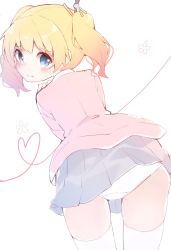 Rule 34 | 10s, 1girl, 3:, alice cartelet, bent over, blonde hair, blue eyes, blush, cardigan, chikuwa., closed mouth, cowboy shot, from behind, grey skirt, heart, heart of string, kin-iro mosaic, looking at viewer, looking back, panties, pantyshot, pleated skirt, simple background, skirt, solo, thighhighs, thighs, twintails, underwear, upskirt, wavy hair, white background, white panties, white thighhighs