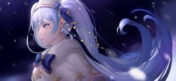Rule 34 | blue eyes, blue hair, blue theme, blush, braid, crying, earrings, elnovaline, hatsune miku, highres, jewelry, light blue hair, long hair, looking away, looking to the side, open mouth, profile, ribbon, snow, snowflakes, solo, tears, twintails, very long hair, vocaloid