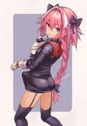 Rule 34 | 1boy, ass, astolfo (fate), black bow, black dress, black thighhighs, bow, braid, braided ponytail, bulge, dress, erection, erection under clothes, fate/apocrypha, fate (series), feet out of frame, from behind, garter straps, gauntlets, hair between eyes, hair bow, hair intakes, highres, long hair, long sleeves, looking at viewer, looking back, male focus, meme50, multicolored hair, parted lips, pink hair, purple eyes, single braid, smile, solo, standing, streaked hair, sweat, thighhighs, trap, twitter username, two-tone background, very long hair, white hair