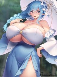 Rule 34 | 1girl, areola slip, bare shoulders, blue dress, blue eyes, blue skirt, blurry, blurry background, breasts, cleavage, collarbone, covered erect nipples, detached sleeves, dress, dutch angle, elf, eyelashes, female focus, forest, hand on own hip, hip vent, holding, holding umbrella, huge breasts, kisuke i, legs, long hair, looking at viewer, nature, nipples, open mouth, pointy ears, shiny skin, skindentation, skirt, smile, solo, thick thighs, thighs, umbrella, underboob, white dress, white sleeves, white umbrella, wide hips, wide sleeves, yellow eyes