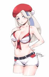 Rule 34 | 1girl, artist name, bare arms, bare shoulders, belt, belt buckle, bikini, bikini top only, blue eyes, blush, breasts, buckle, cleavage, collar, collarbone, creatures (company), cropped legs, game freak, gym leader, hand on own hip, large breasts, long hair, looking at viewer, melony (pokemon), navel, nintendo, parted lips, pointing, pointing at self, pokemon, pokemon swsh, relaxjon, short shorts, shorts, signature, silver hair, simple background, solo, stomach, swimsuit, white background, white bikini, white shorts