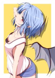Rule 34 | 1girl, alternate costume, arched back, arm up, bare arms, bare shoulders, bat wings, black wings, blue hair, blue shorts, breasts, butt crack, casual, collarbone, commentary request, cowboy shot, downblouse, from above, from side, hand in own hair, highres, looking at viewer, no bra, nori tamago, petite, pointy ears, purple theme, red eyes, remilia scarlet, short hair, short shorts, shorts, sleeveless, small breasts, solo, standing, tank top, touhou, two-tone background, white background, wings, yellow background