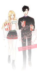 Rule 34 | 1boy, 1girl, alternate costume, bare legs, black footwear, black hair, black pants, black sweater, blonde hair, blouse, blurry, brown footwear, casual, character name, collared shirt, couple, cross-laced footwear, cup, dating, disposable cup, earrings, eyebrows, eyelashes, fingernails, food, full body, green eyes, haiba arisa, haikyuu!!, hetero, highres, holding, holding cup, holding food, jewelry, kuroo tetsurou, l0v3 drop, long fingernails, long hair, long sleeves, looking to the side, open mouth, pants, pointing, popcorn, shirt, shoes, short hair, short shorts, shorts, sparkle, spiked hair, standing, sweater, teeth, text focus, theater, ticket, tongue, tongue out, twitter username, walking, white shirt