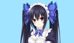 Rule 34 | 1girl, alternate costume, black hair, blush, breasts, cleavage, dress, enmaided, hair ornament, highres, long hair, looking at viewer, maid, maid headdress, neptune (series), noire (neptunia), red eyes, simple background, smile, solo, twintails, zero (ray 0805)