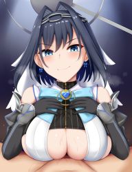 Rule 34 | 1girl, absurdres, black hair, blue eyes, breast suppress, breasts, bulge, chain, chain headband, erection, erection under clothes, hair intakes, hair ornament, highres, hololive, hololive english, huge breasts, lying, lying pov, ouro kronii, ouro kronii (1st costume), paizuri, paizuri under clothes, planet hair ornament, pov, renetan, short hair, smile, underboob, virtual youtuber
