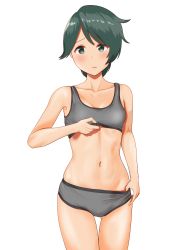 Rule 34 | 1girl, bra, breasts, collarbone, cowboy shot, green eyes, green hair, grey bra, grey panties, highres, kantai collection, mogami (kancolle), navel, panties, short hair, simple background, small breasts, solo, standing, underwear, underwear only, white background, zuki