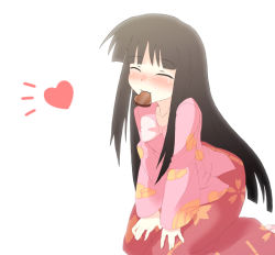 Rule 34 | 1girl, black hair, blush, chocolate, closed eyes, female focus, gyo, heart, houraisan kaguya, japanese clothes, long hair, mouth hold, simple background, skirt, solo, touhou, white background, wings