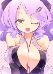 Rule 34 | 1girl, bad id, bad pixiv id, bare shoulders, between breasts, breasts, chandelure, cleavage, colored eyelashes, costume, creatures (company), game freak, gen 5 pokemon, homura subaru, large breasts, nintendo, one eye closed, open mouth, personification, pokemon, purple hair, revision, solo, wink, yellow eyes