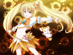 Rule 34 | 10s, 1girl, blonde hair, bow, brooch, cure sunshine, floral background, flower, hair ribbon, heart, heart brooch, heartcatch precure!, jewelry, long hair, magical girl, midriff, myoudouin itsuki, navel, orange background, orange bow, orange skirt, orange theme, potpourri (heartcatch precure!), precure, ribbon, skirt, solo, sunflower, tri, twintails, very long hair, wrist cuffs, yellow eyes