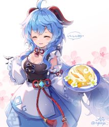 Rule 34 | 1girl, ahoge, alternate costume, black gloves, blue hair, blush, breasts, check translation, cleavage, closed eyes, detached sleeves, food, ganyu (genshin impact), genshin impact, gloves, holding, holding food, horns, long hair, looking at viewer, medium breasts, nyanya, open mouth, prosperous peace (genshin impact), sidelocks, smile, solo, speech bubble, translated, translation request, very long hair, vision (genshin impact), white background, white sleeves