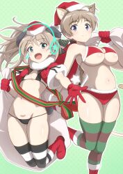 Rule 34 | 2girls, ahoge, bikini, bird tail, black bikini, blonde hair, blue eyes, blush, breasts, christmas, cleavage, closed mouth, hat, highres, large breasts, long hair, looking at viewer, luminous witches, lynette bishop, multiple girls, navel, open mouth, red bikini, santa bikini, santa costume, santa hat, small breasts, smile, strike witches, striped clothes, striped thighhighs, swimsuit, tail, thighhighs, tricky 46, virginia robertson, wing ears, world witches series