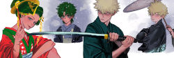 Rule 34 | 2boys, absurdres, alternate costume, alternate hairstyle, angry, bakugou katsuki, black kimono, blonde hair, boku no hero academia, cropped shoulders, crossdressing, crossed arms, freckles, green eyes, green hair, hand up, haori, highres, holding, holding sword, holding umbrella, holding weapon, huge filesize, incredibly absurdres, japanese clothes, katana, kimono, knee up, looking at viewer, looking down, male focus, messy hair, midoriya izuku, multiple boys, multiple views, oil-paper umbrella, parted lips, red eyes, red kimono, red lips, short hair, sword, umbrella, weapon, wengwengchim