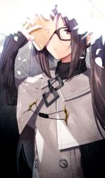 Rule 34 | 1girl, akuta hinako, arm up, black-framed eyewear, black sweater, book, brown hair, buttons, capelet, closed mouth, commentary request, earrings, expressionless, fate/grand order, fate (series), glasses, grey capelet, highres, holding, holding book, jewelry, long hair, long sleeves, looking at viewer, magic circle, open book, petals, ponita, ribbed sweater, sleeves past wrists, solo, sweater, turtleneck, turtleneck sweater, twintails, upper body, very long hair