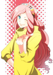 Rule 34 | 1boy, ;), blue eyes, drill hair, hairband, hand on own hip, heart, long hair, male focus, one eye closed, pink hair, pointing, pointing at viewer, saklo, side drill, simple background, smile, solo, standing, sweater, tsukimiya ringo, uta no prince-sama, very long hair, yellow sweater