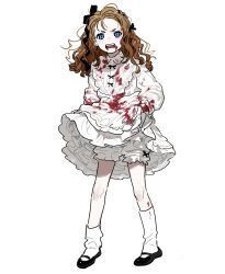 Rule 34 | 1girl, black footwear, black ribbon, blood, blood from mouth, blood on clothes, blood on face, bloomers, blue eyes, bow, braid, brown hair, child, crown braid, dress, full body, hair bow, hair ribbon, highres, legs apart, long hair, long sleeves, looking at viewer, mary janes, original, porridge (sleeeeeep), ribbon, ribbon braid, shoes, skirt hold, slit pupils, socks, solo, standing, transparent background, underwear, wavy hair, white bloomers, white dress, white socks