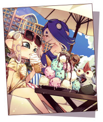 Rule 34 | 2girls, asymmetrical hair, beach chair, beach umbrella, blue hair, blue jacket, blue sky, blush, border, brown eyes, building, character request, check character, chest sarashi, chocolate syrup, closed mouth, cloud, eating, eyewear on head, food, green eyes, green vest, hair over one eye, half-closed eye, holding, holding ice cream cone, holding spoon, ice cream, ice cream cone, ice cream print, jacket, looking at another, looking back, mohawk, multiple girls, nintendo, octoling, octoling girl, octoling player character, off shoulder, outdoors, palm tree, picture frame, pointy ears, potsupo, red-framed eyewear, red eyes, red hair, ribbon-trimmed vest, salmonid, sarashi, shadow, shirt, shiver (splatoon), short hair, short sleeves, sitting, sky, smallfry (splatoon), smile, splatoon (series), splatoon 3, spoon, stairs, stone stairs, sunglasses, t-shirt, table, tattoo, tentacle hair, tree, umbrella, utensil in mouth, vest, white border, white hair, yellow shirt