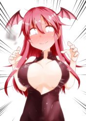 Rule 34 | 1girl, blush, breasts, breasts apart, demon girl, demon wings, female focus, front zipper swimsuit, head wings, highres, koakuma, large breasts, long hair, meme attire, one-piece swimsuit, red hair, simple background, smile, solo, swimsuit, takorice, team shanghai alice, touhou, unzipped, wardrobe malfunction, white background, wide-eyed, wings, zipper