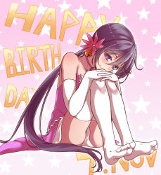 Rule 34 | 1girl, akebono (kancolle), alternate costume, bare shoulders, bell, blush, closed mouth, collarbone, commentary request, dorsiflexion, dress, feet, flower, full body, gradient background, hair bell, hair between eyes, hair flower, hair ornament, happy birthday, jewelry, jingle bell, kantai collection, knees up, long hair, looking at viewer, necklace, no shoes, own hands together, panties, pantyshot, pink background, pink dress, purple eyes, purple hair, side ponytail, sitting, smile, solo, star (symbol), starry background, strapless, strapless dress, thighhighs, toes, underwear, upskirt, very long hair, white thighhighs, yuki to hana