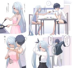 Rule 34 | 1boy, 1girl, absurdres, adjusting hair, apron, bare arms, bare shoulders, black hair, black jacket, black necktie, black pants, black shorts, black skirt, blue archive, blue camisole, bokuhakiyoshi, breasts, camisole, commentary request, cooking, couple, dark-skinned female, dark skin, dining room, dress-up, egg (food), food, fork, fried egg, from side, frying pan, full body, glasses, grey hair, hair over one eye, hetero, high-waist skirt, highres, holding, holding fork, holding frying pan, holding stove, hug, hug from behind, iori (blue archive), jacket, long hair, long sleeves, looking at viewer, medium breasts, necktie, open mouth, pants, pink apron, pointy ears, red eyes, sensei (blue archive), shirt, short hair, short sleeves, shorts, side ponytail, skirt, speech bubble, tie clip, translation request, very long hair, white pants, white shirt