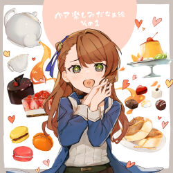 Rule 34 | 1girl, asymmetrical bangs, beatrix (granblue fantasy), blue jacket, brown hair, cake, chocolate, commentary request, drooling, food, fruit, granblue fantasy, green eyes, heart, heart in mouth, jacket, kiwi (fruit), long hair, macaron, motoaki, open mouth, pudding, saliva, solo, sparkling eyes, sweater, tea, upper body, white sweater