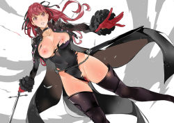 Rule 34 | 1girl, azukiko, belly chain, black choker, black jacket, black ribbon, black thighhighs, breasts, chain, choker, commentary request, covered navel, cropped jacket, female pubic hair, gloves, highleg, highleg leotard, holding, holding sword, holding weapon, jacket, jewelry, large breasts, leotard, long hair, long sleeves, looking at viewer, matching hair/eyes, nipples, parted lips, persona, persona 5, persona 5 the royal, ponytail, pubic hair, red eyes, red gloves, red hair, ribbon, sheath, solo, sword, thighhighs, torn clothes, torn leotard, weapon, wide sleeves, yoshizawa kasumi