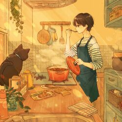 Rule 34 | 1boy, apron, bag, basket, black cat, black hair, blue apron, bottle, box, brown eyes, cabinet, cat, commentary request, cooking, cooking pot, counter, curry, drawer, faucet, food, hair between eyes, hand towel, hands up, highres, holding, holding lid, holding spoon, indoors, jar, kitchen, lid, light particles, light rays, long sleeves, male focus, original, oven mitts, peel (tool), plant, port (portzzz), profile, shelf, shirt, short hair, sink, sleeves rolled up, soap bottle, solo, spatula, spice rack, spoon, standing, steam, stove, striped clothes, striped shirt, tasting, tile wall, tiles, utensil rack, vines, white shirt, window