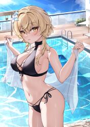 Rule 34 | 1girl, absurdres, bare arms, bare shoulders, bikini, black bikini, blonde hair, blue sky, cloud, commentary request, cowboy shot, day, flower, genshin impact, hair flower, hair ornament, highres, long hair, lumine (genshin impact), navel, pool, radoremo, sky, solo, standing, stomach, swimsuit, thighs, water, white flower, yellow eyes