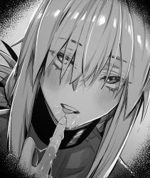 Rule 34 | 1boy, 1girl, absurdres, blush, fate/grand order, fate (series), florence nightingale (fate), fujimaru ritsuka (male), greyscale, highres, hxd, long hair, looking at viewer, monochrome, parted lips, pov, saliva, teeth, tongue, tongue out