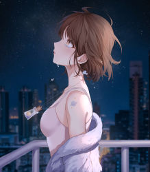 Rule 34 | 1girl, absurdres, bare shoulders, blurry, blurry background, blush, breasts, brown eyes, brown hair, building, camisole, city, cityscape, closed mouth, commentary, crying, eyelashes, fur jacket, hair between eyes, highres, jacket, jewelry, looking up, medium breasts, necklace, night, night sky, off shoulder, original, outdoors, profile, railing, sakura ouo9, short hair, shoulder tattoo, sky, skyscraper, solo, star (sky), symbol-only commentary, tattoo, tears, upper body, white camisole, white jacket